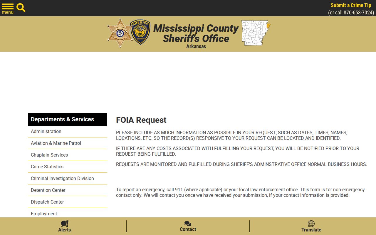Mississippi County booking record and photograph request form