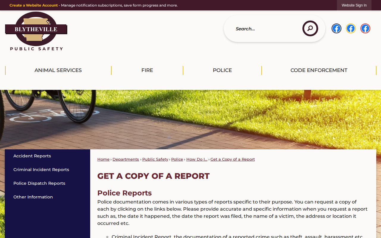 Blytheville Police arrest record request interface in Mississippi County