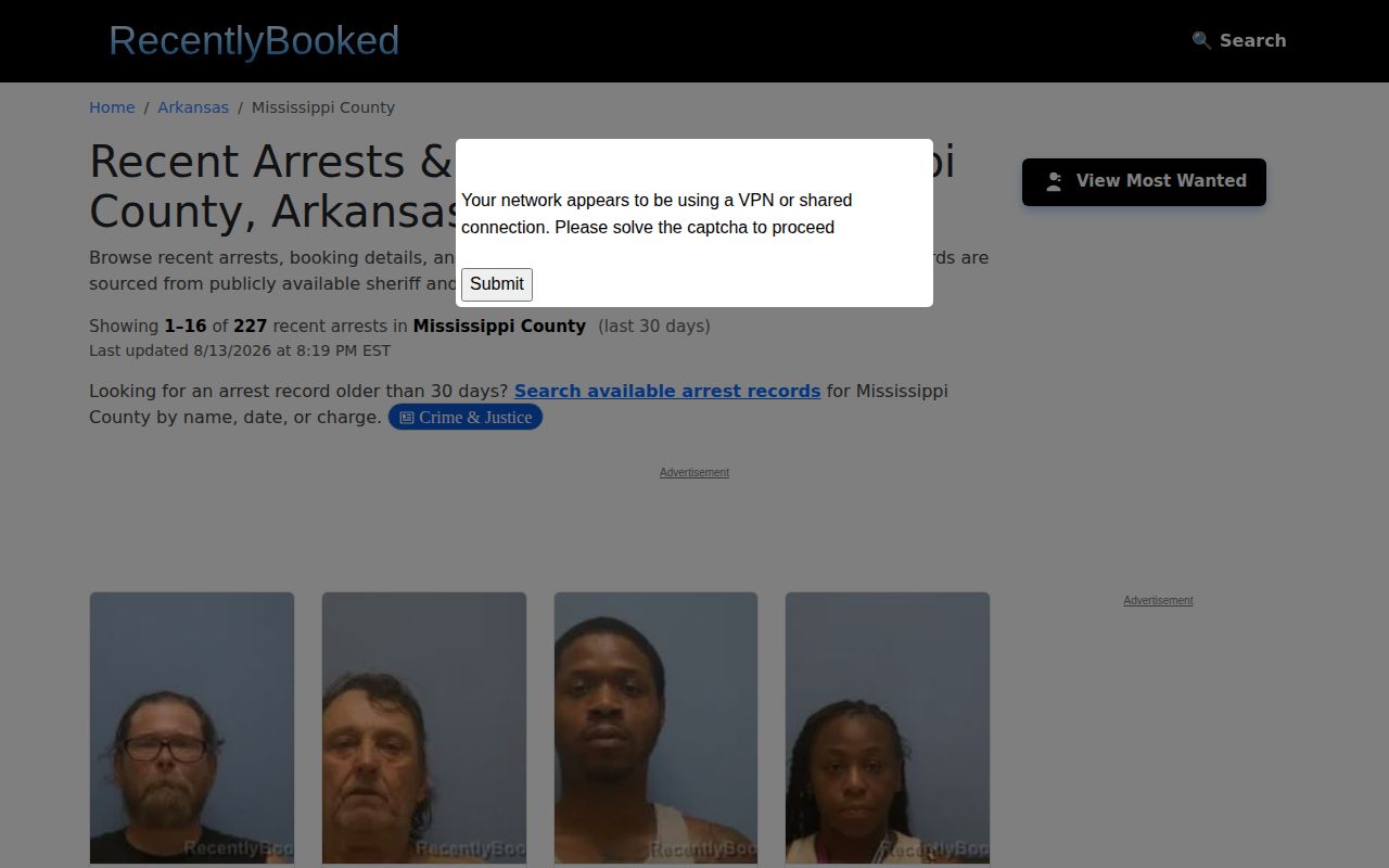 Mississippi County arrest news on unofficial Recently Booked county section